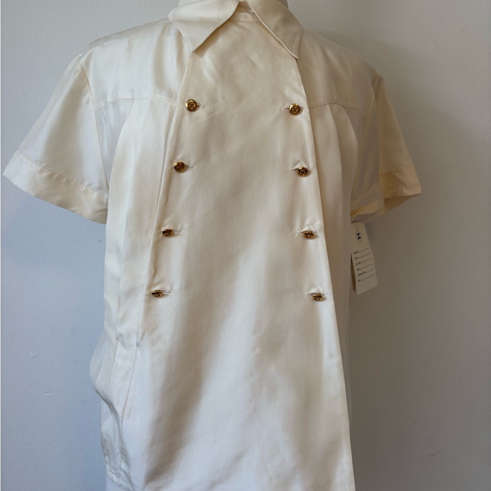 Vintage Chanel 1989 Pure Silk Cream Double-Breasted Short Sleeve Blouse